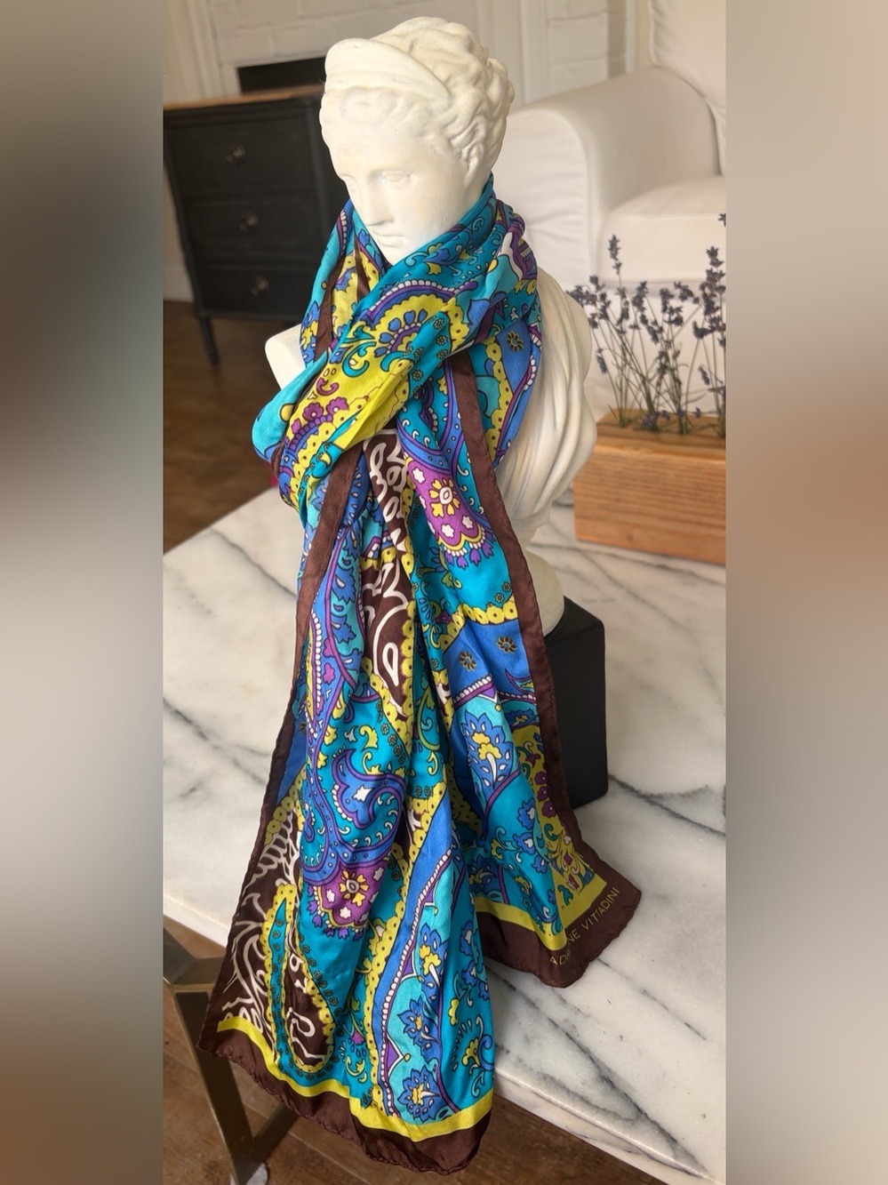 Adrienne Vittadini Turquoise Blue Yellow Paisley Silk Scarf 53 x 11”